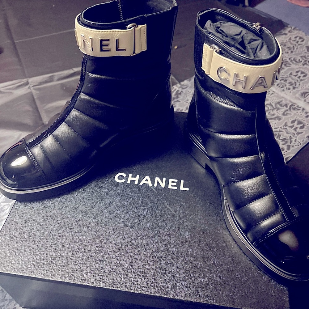 Chanel Black Boots with Gold Straps